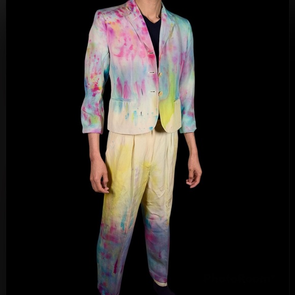 Party Dyed Suit Vintage Painted Blazer Rainbow Boho Jacket Funky Y2K Pants Chic - Picture 6 of 16